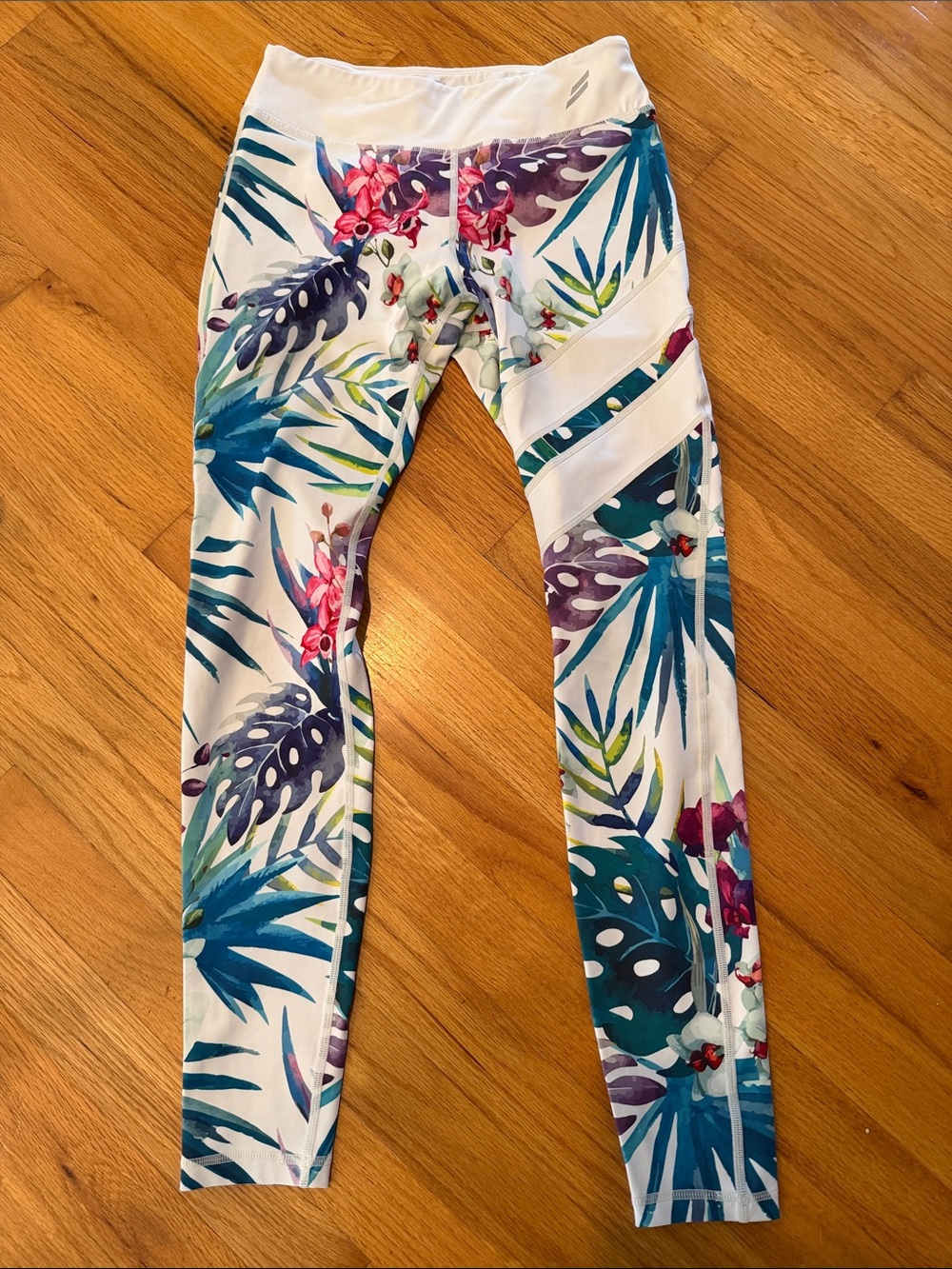 Women’s Tropical Print Leggings - White with Teal & Purple